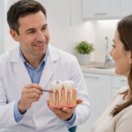 Dentist explaining the difference between a dental filling and crown using a tooth model during a patient consultation in a modern dental office.