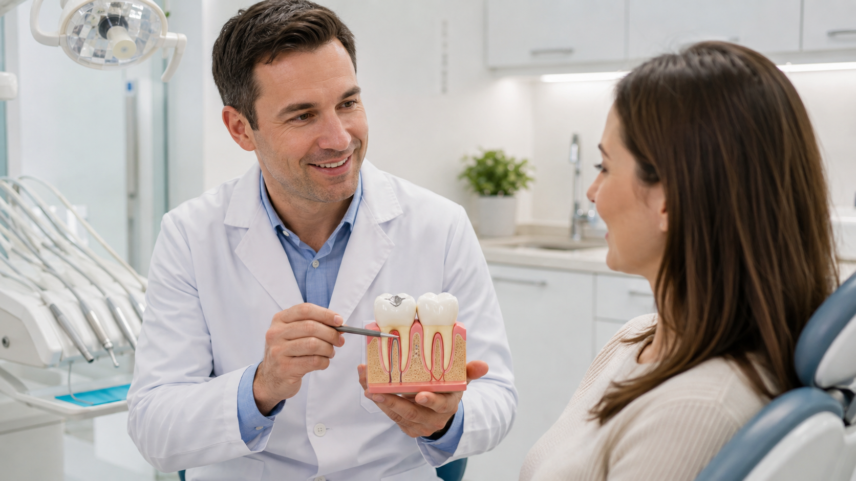 Dentist explaining the difference between a dental filling and crown using a tooth model during a patient consultation in a modern dental office.