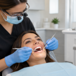 Dental hygienist performing a professional teeth cleaning for a smiling patient in a modern dental office.