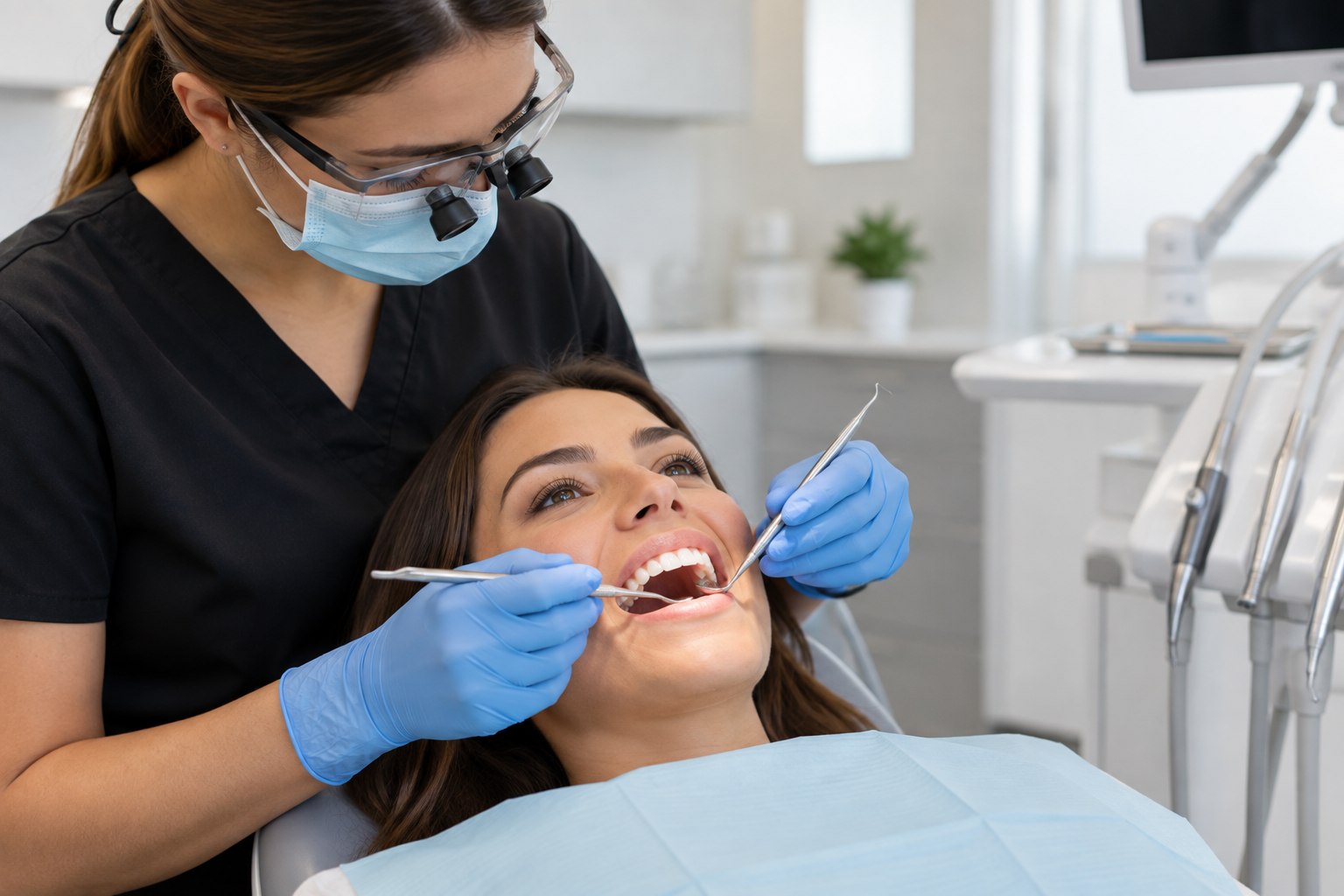 Dental hygienist performing a professional teeth cleaning for a smiling patient in a modern dental office.