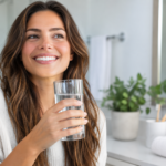 Woman smiling while holding a glass of water in a modern bathroom, highlighting hydration and oral health for dry mouth prevention.